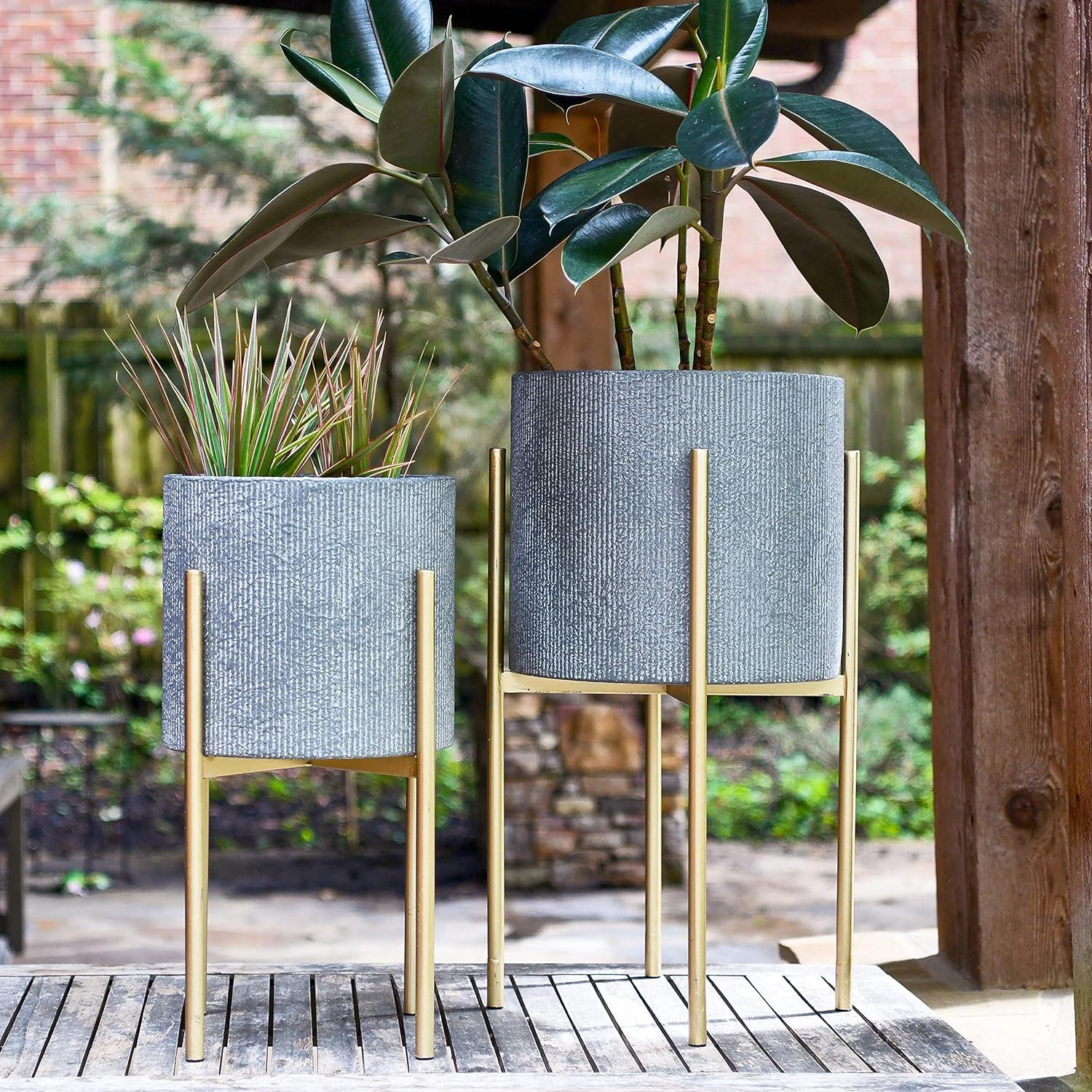 Charcoal Grey and Gold Embossed Metal Planters with Stands, Set of 2