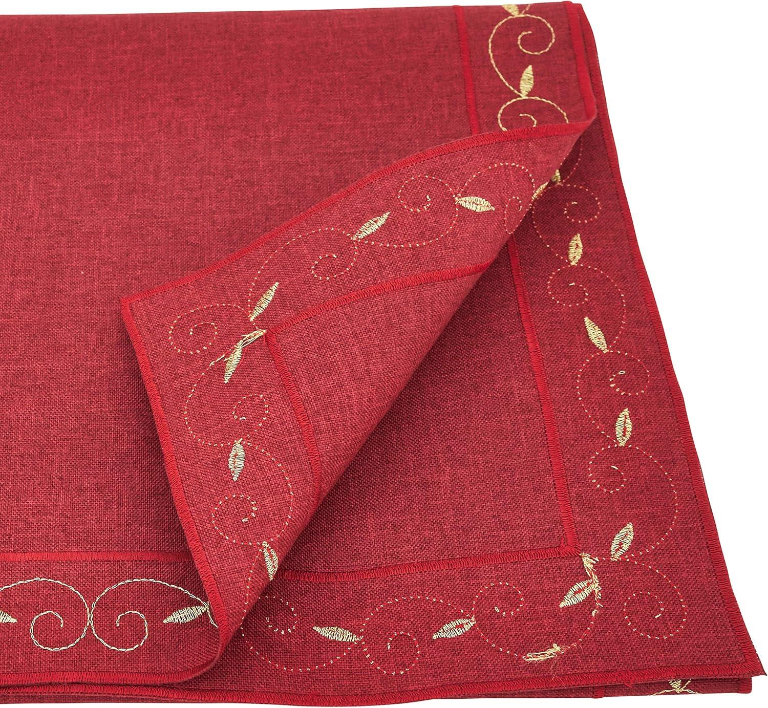 Red Embroidered Holiday Table Runner with Gold Accents, 15" x 69"