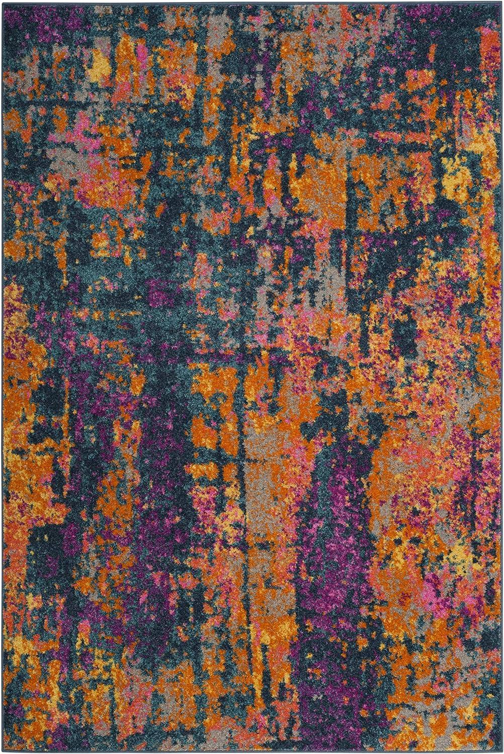 Blue and Orange Abstract Synthetic Area Rug