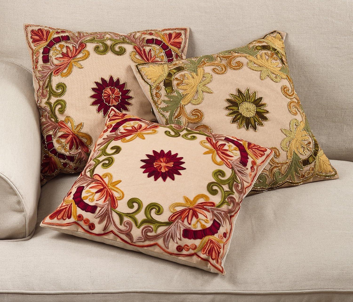 Saro Lifestyle Embroidered Floral Design Cotton Poly Filled Throw Pillow