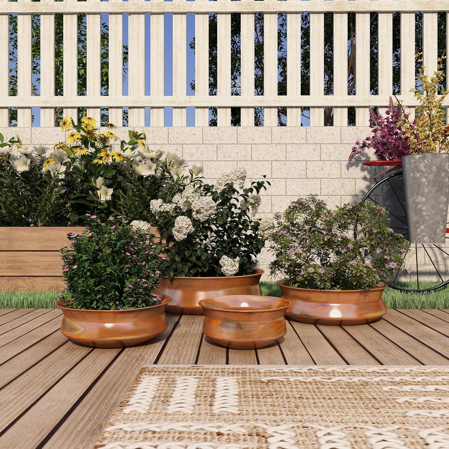 Alfarata 4 Piece Metal Wide Weathered Low Bowl Indoor Outdoor Copper Planter Set