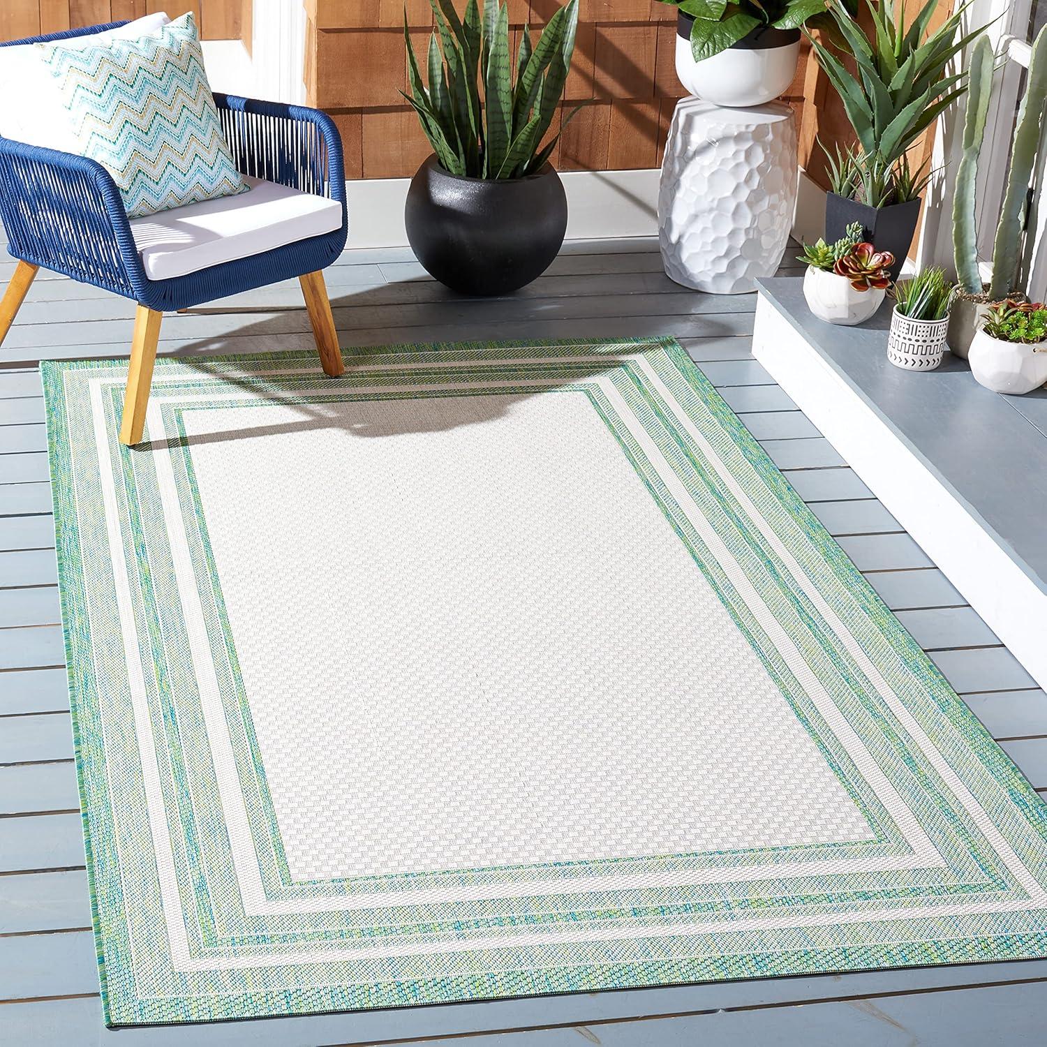 SAFAVIEH Courtyard Ercan Bordered Indoor/Outdoor Area Rug, Ivory/Green, 4' x 5'7"