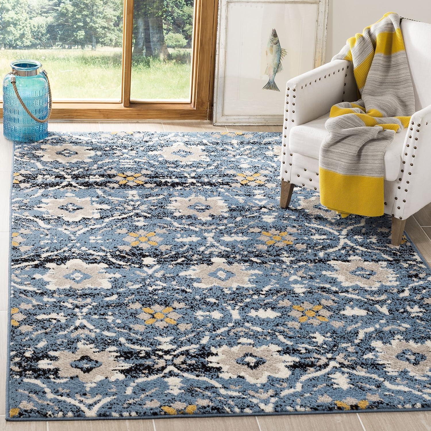 Rectangular Blue Synthetic Stain-Resistant Area Rug, 5'1" x 7'6"