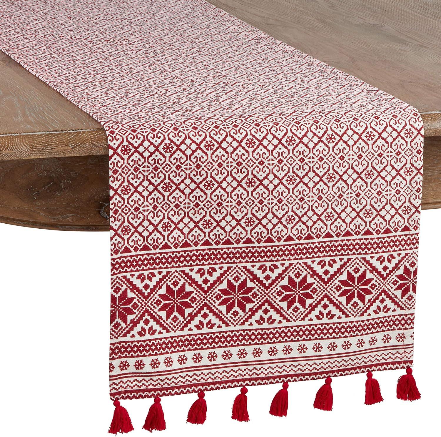 Red and White Cotton Christmas Table Runner with Tassels