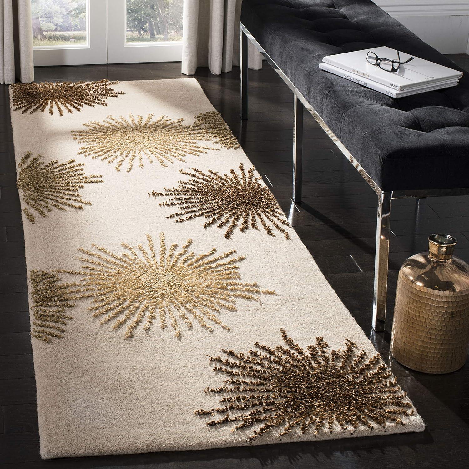 Beige Wool and Viscose Hand-Tufted Runner Rug