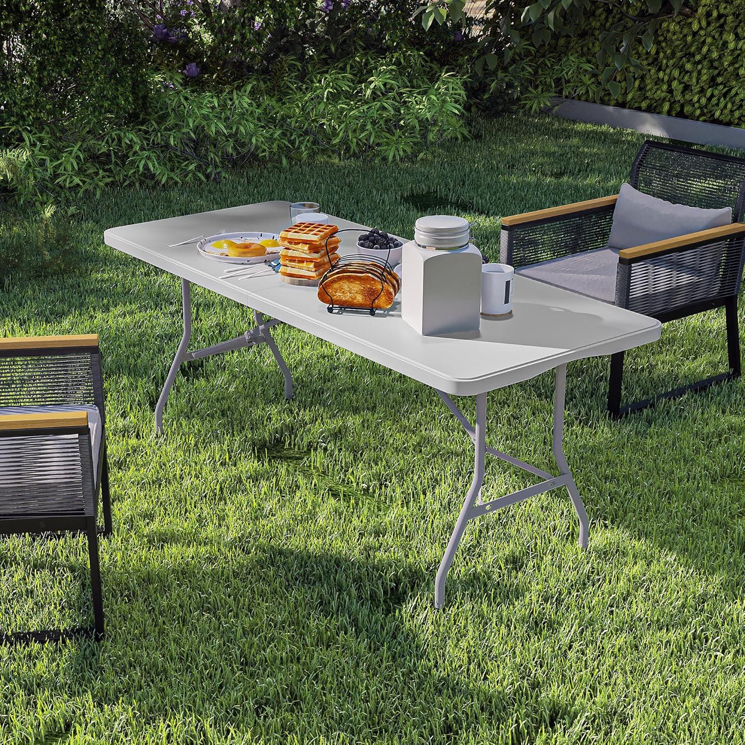 Folding Table 6 Foot,  Heavy-Duty, Portable Plastic Construction with Carrying Handle – Perfect for Picnics, Parties, and Office Indoor Outdoor Use, White