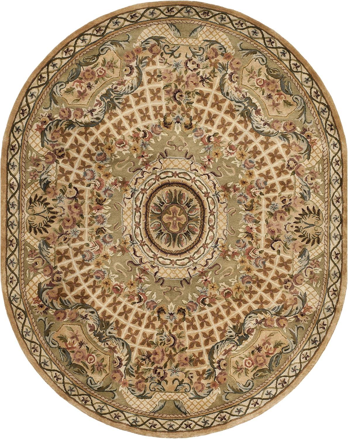 SAFAVIEH Classic Chandler Floral Bordered Wool Area Rug, Taupe/Light Green, 7'6" x 9'6" Oval
