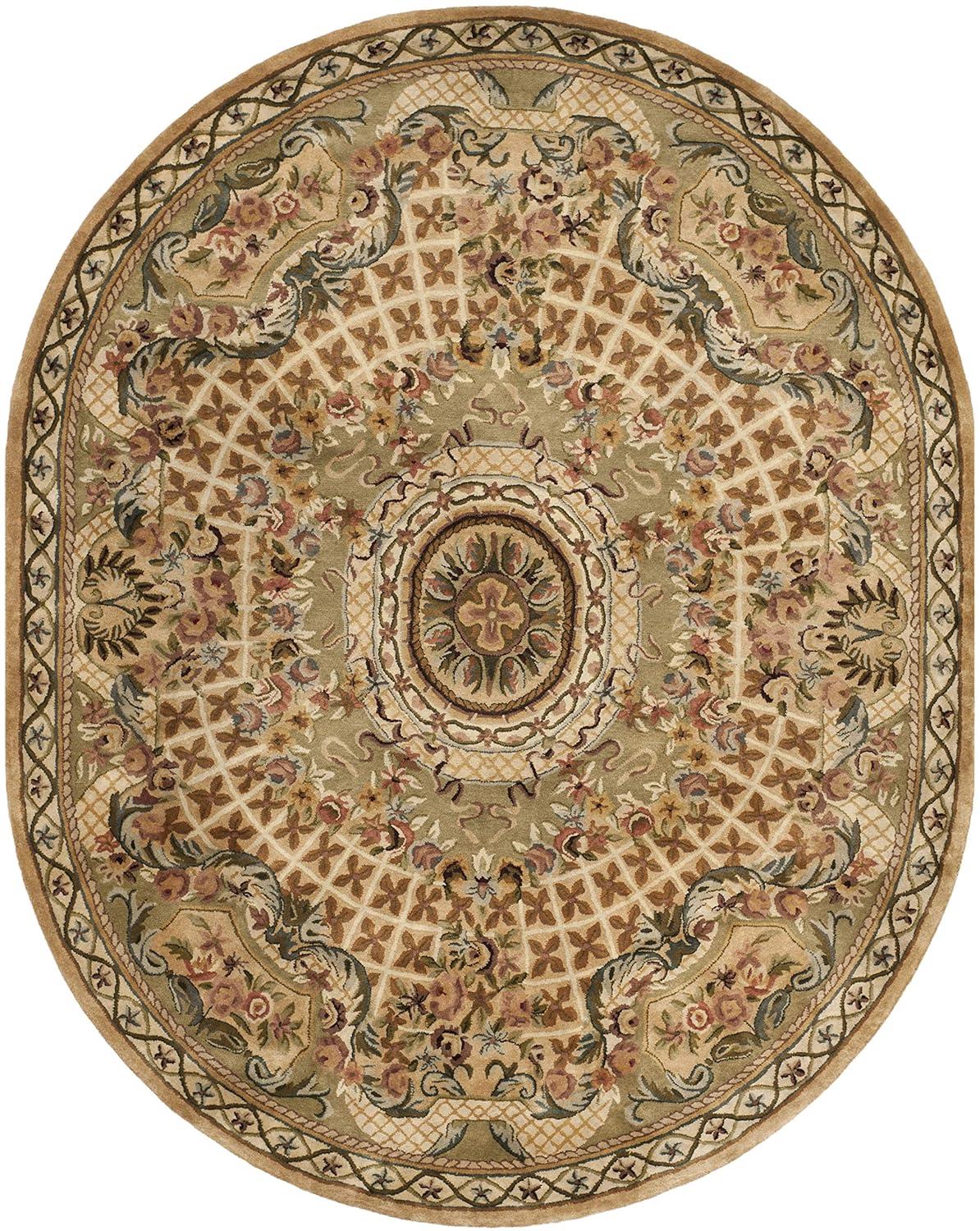 SAFAVIEH Classic Chandler Floral Bordered Wool Area Rug, Taupe/Light Green, 7'6" x 9'6" Oval