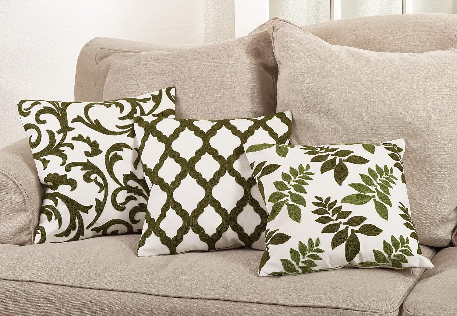 Green and White Cotton Embroidered Square Throw Pillow