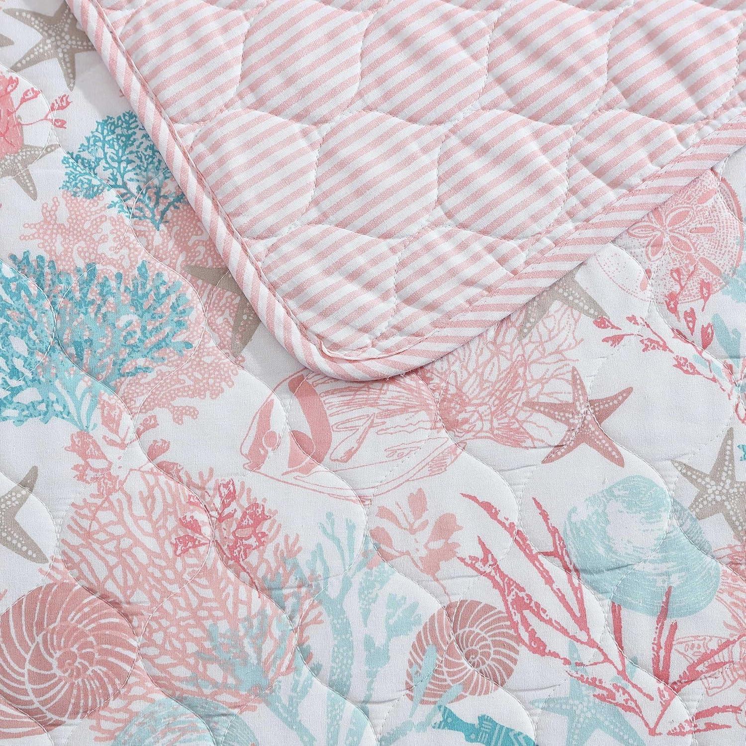 Laura Ashley King Swimtime Quilt Set Pink: Starfish Pattern, Includes 2 Shams, Machine Washable