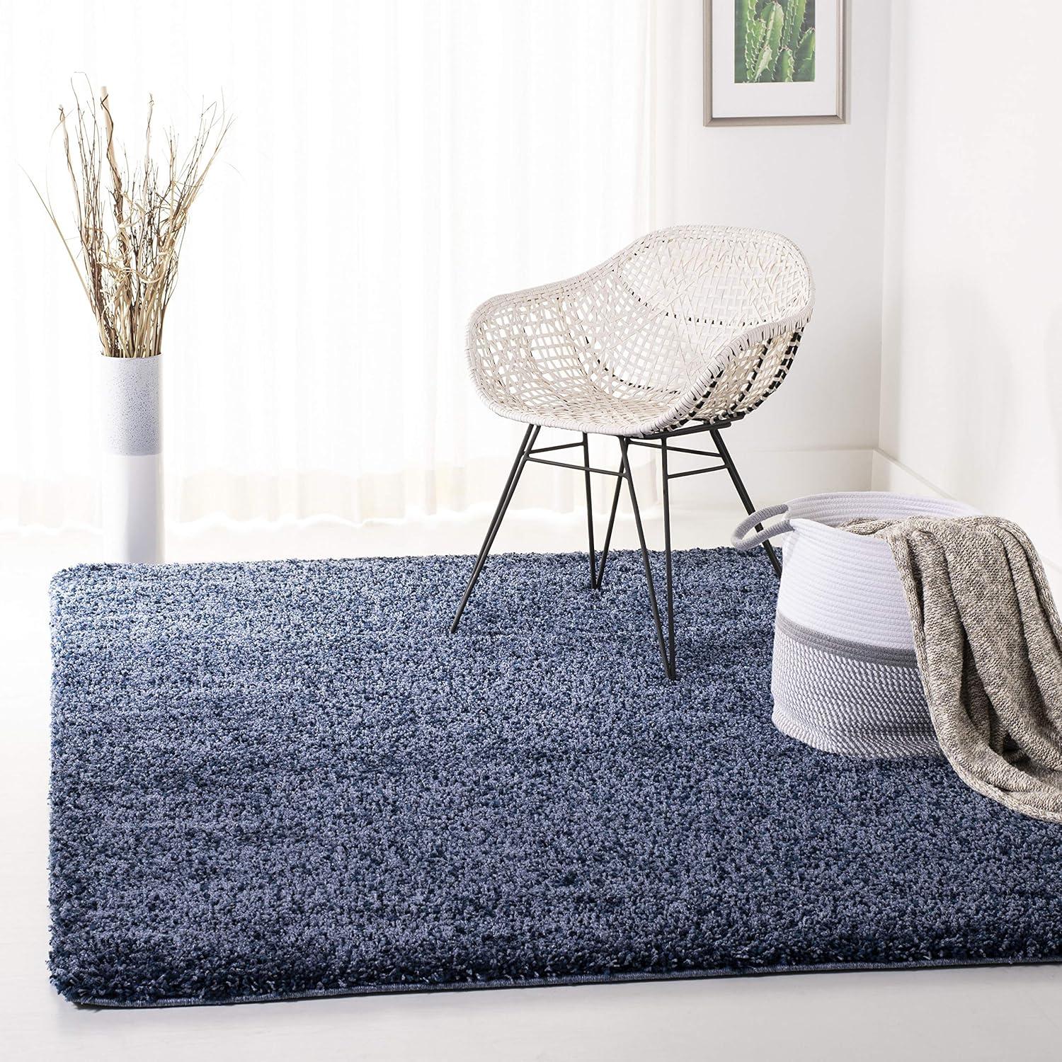 Navy Square Synthetic Easy-Care Hand-Knotted Shag Rug