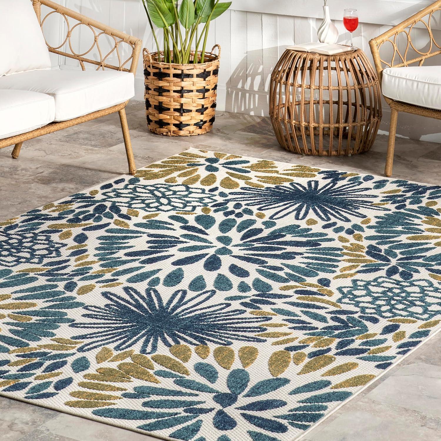 Nuloom Monique Floral & Paisley 7x9 Indoor/Outdoor Area Rug for Living Room Patio Deck Front Porch Kitchen, Teal/Ivory