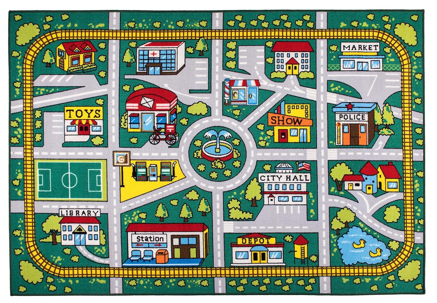 World Rug Gallery Kids Educational Learning City Life Road Non Slip Area Rug - Green 5' x 7'