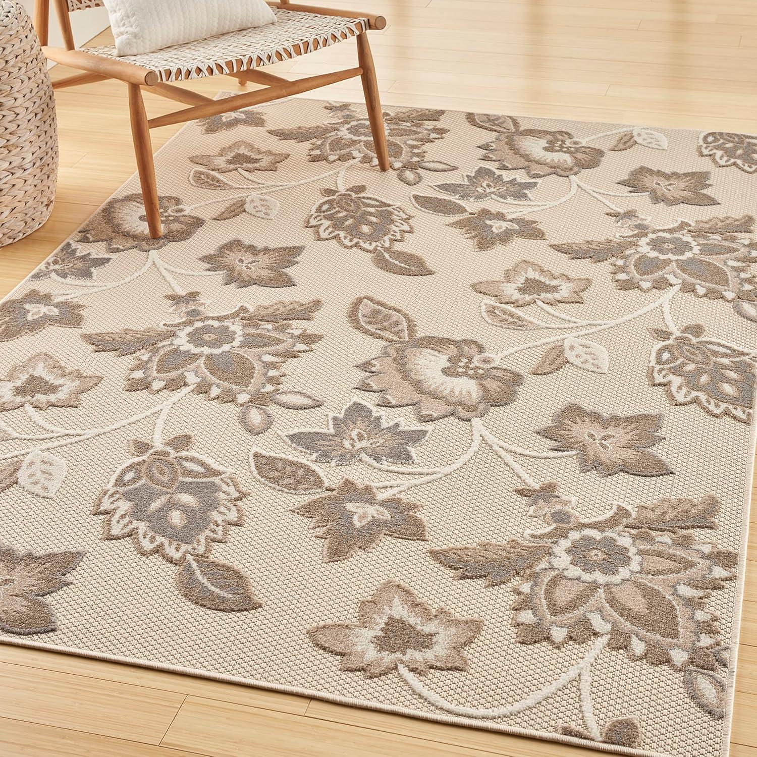 Nourison Aloha Floral Farmhouse Flatweave High-Low Indoor Outdoor Area Rug Beige 3'6" x 5'6"