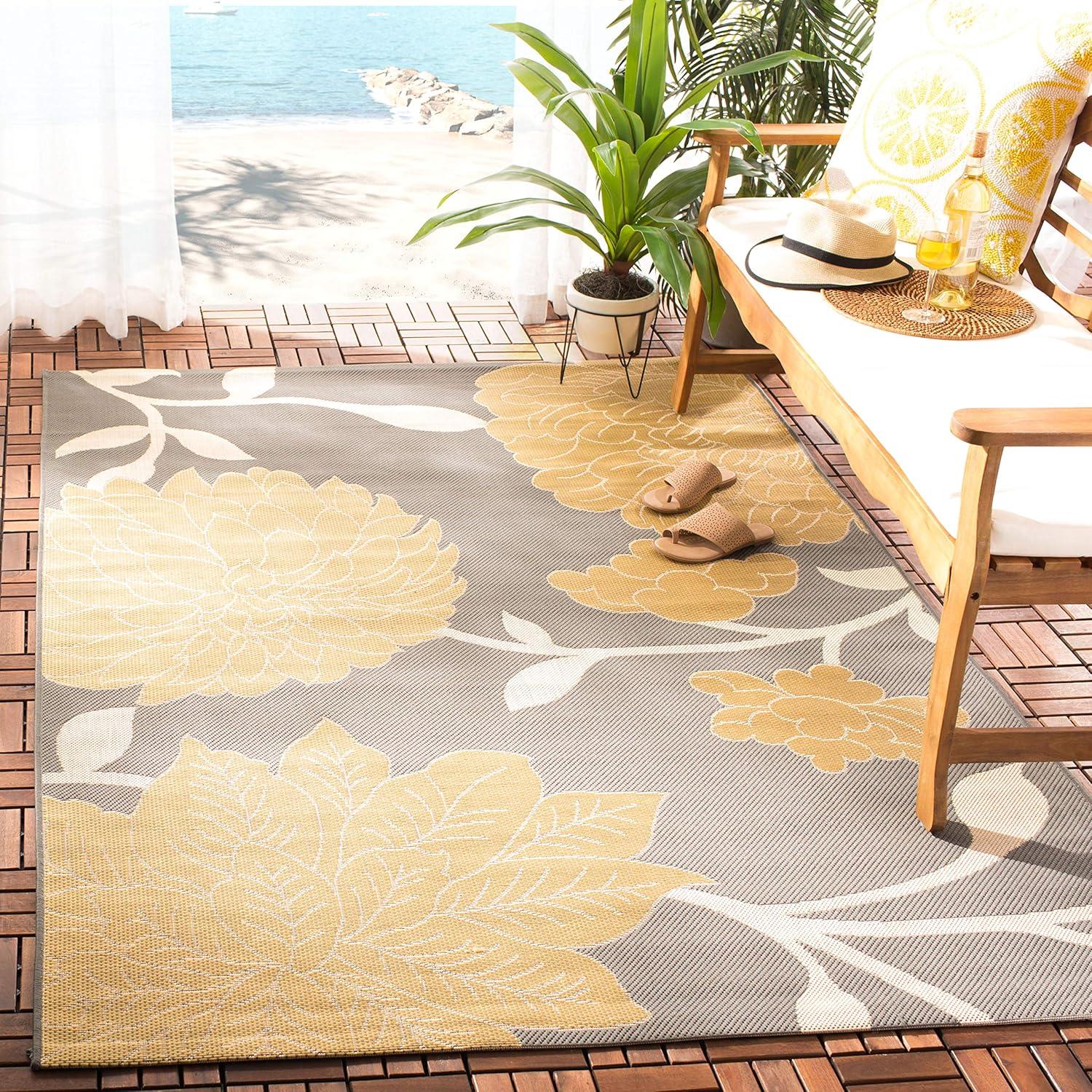 Anthracite and Beige Floral Synthetic Indoor/Outdoor Rug