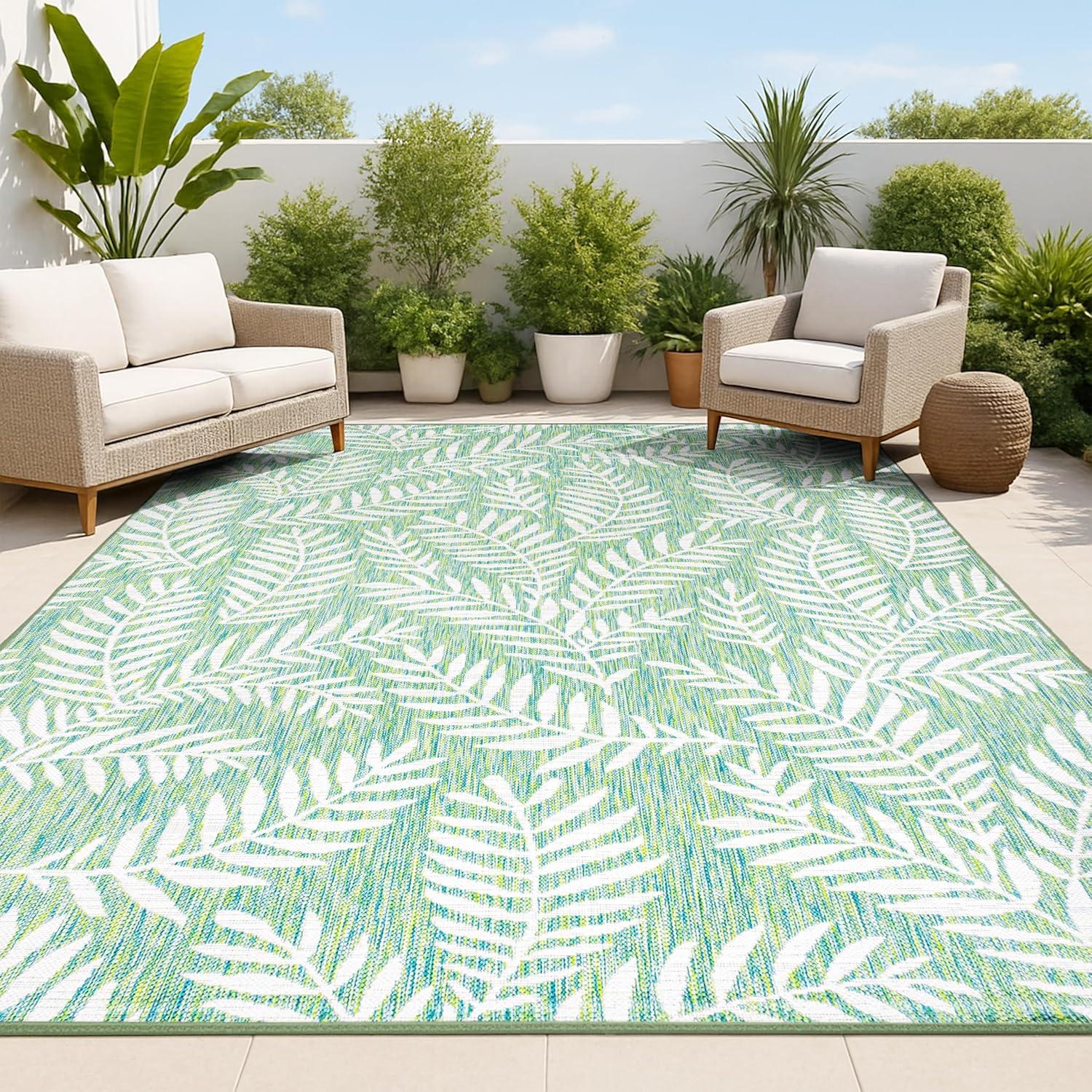 4' x 6' Nevis Palm Frond Indoor/Outdoor Area Rug, Cream/Green - JONATHAN Y