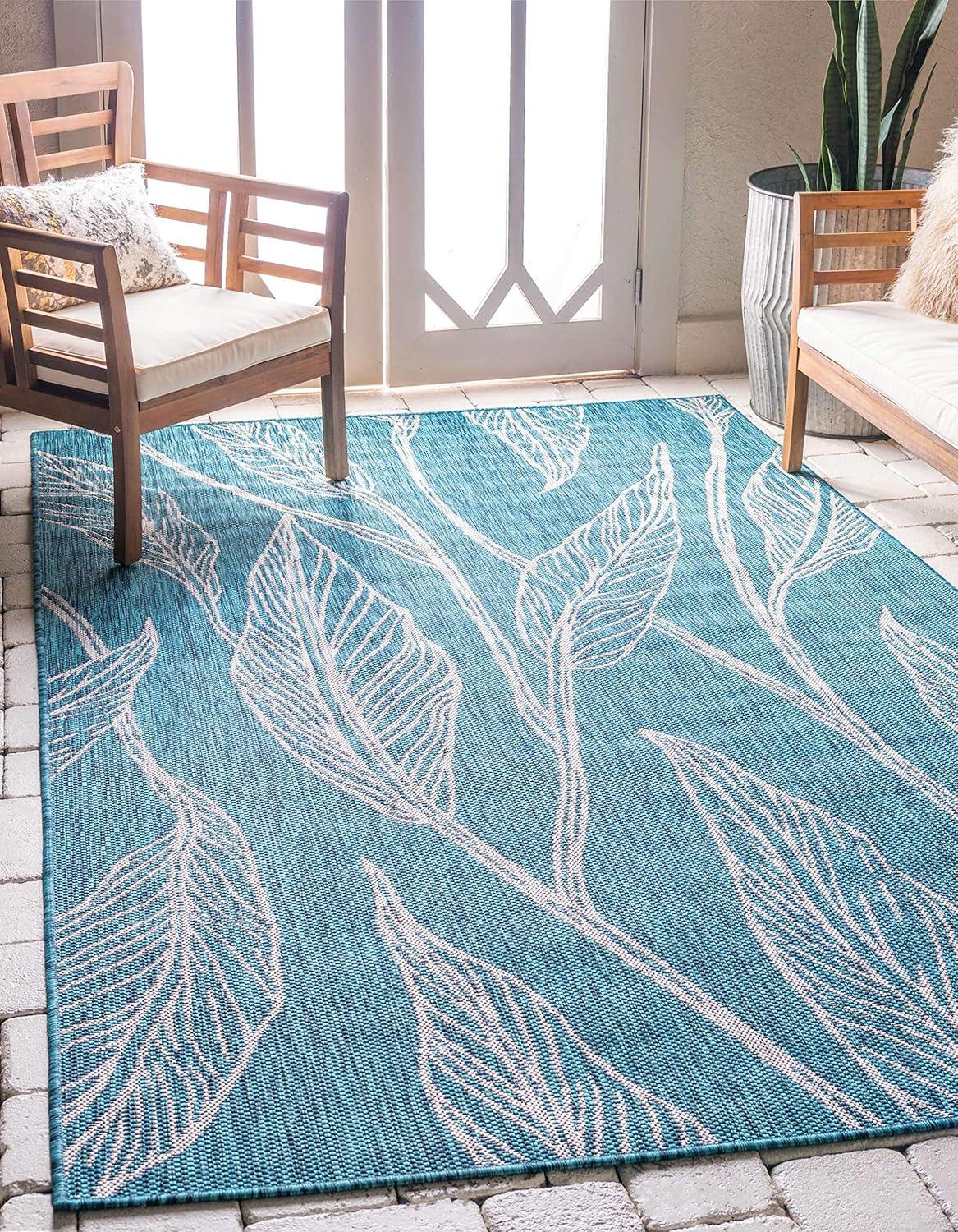 Unique Loom Outdoor Botanical Leaf Floral and Botanical Woven Area Rug