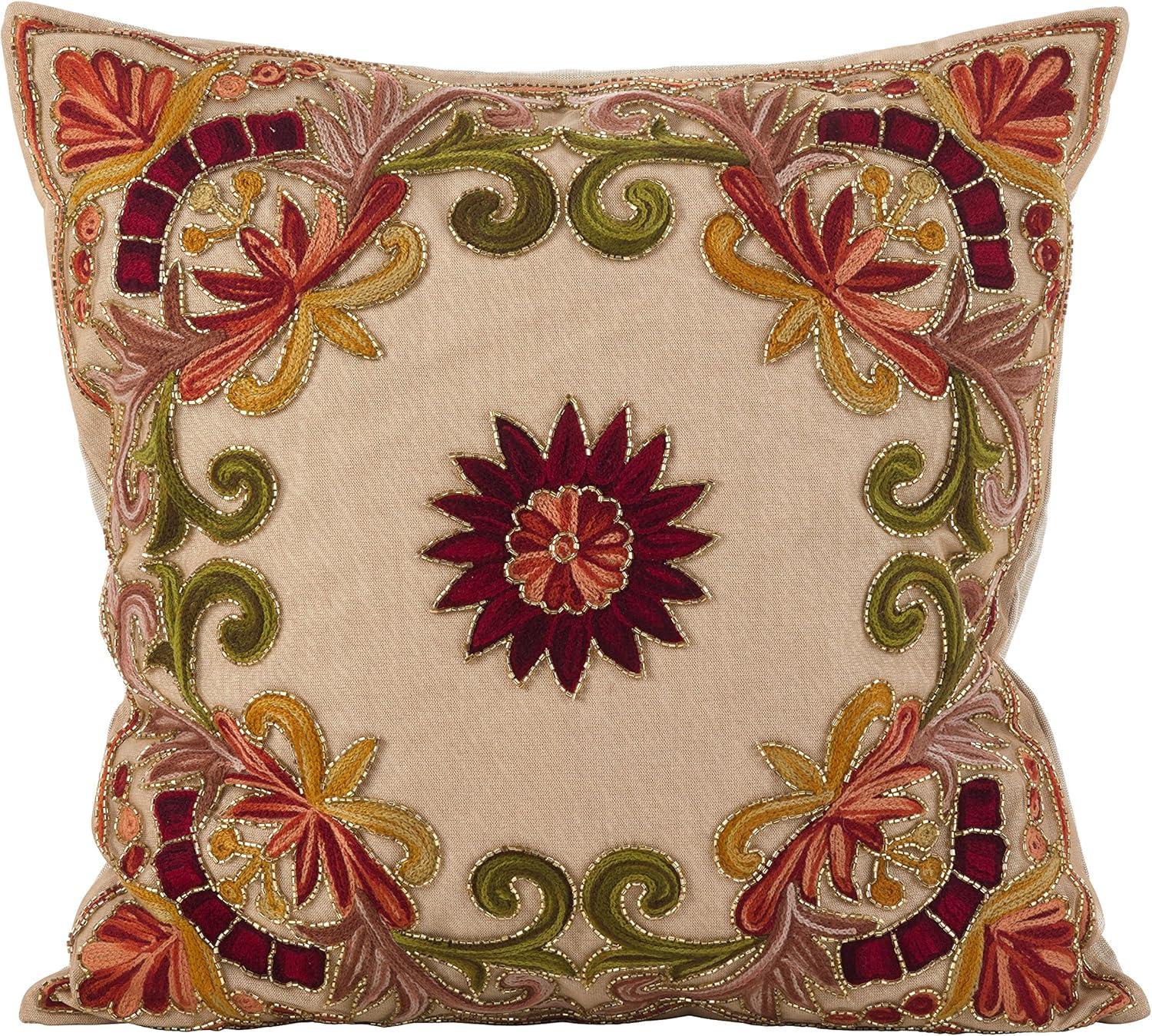 Embroidered Floral Beaded Cotton Throw Pillow, 18" Multi-Color