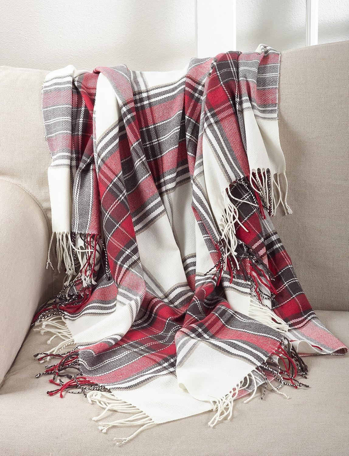 Red and White Plaid Acrylic Throw Blanket with Fringe