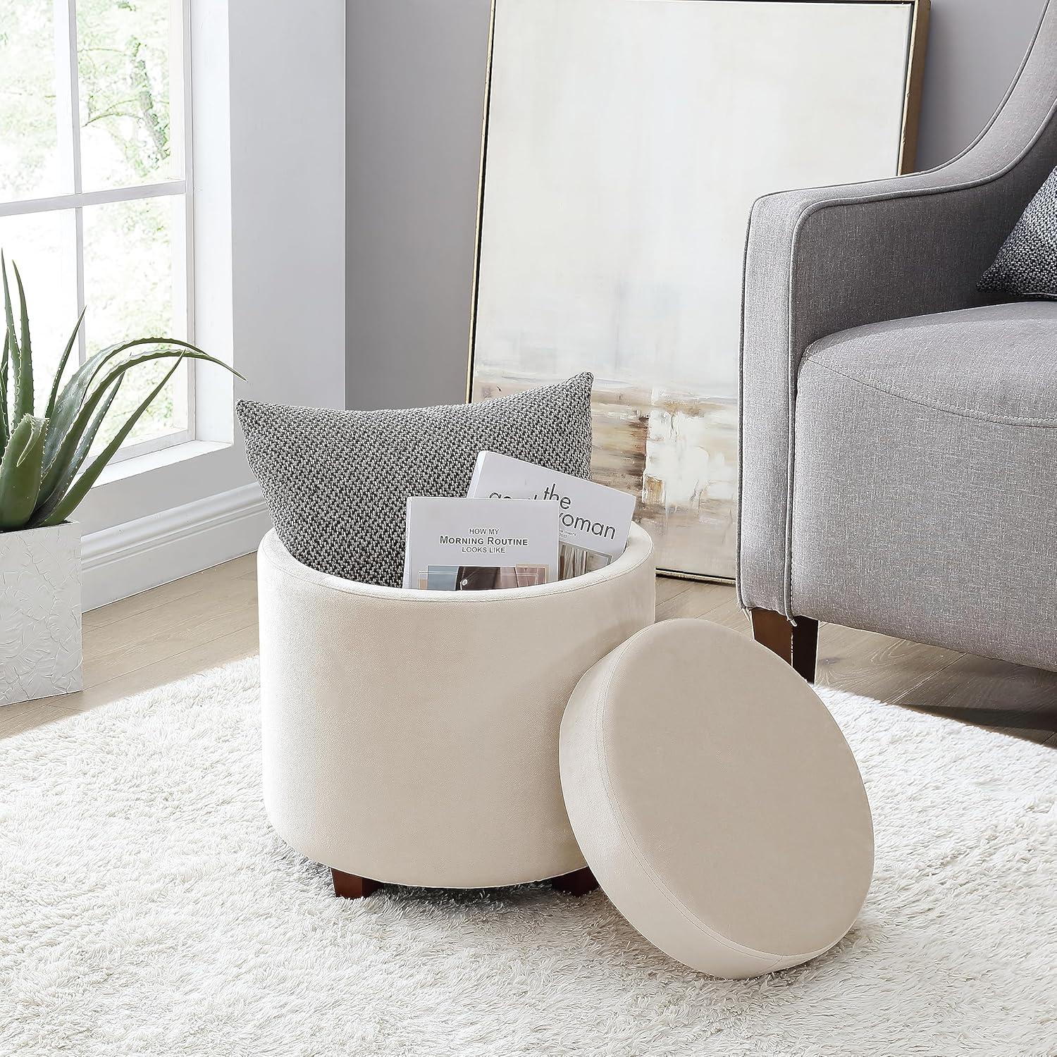 Ornavo Home Lawrence Round Storage Ottoman with Table Top Lid - Velvet Cream