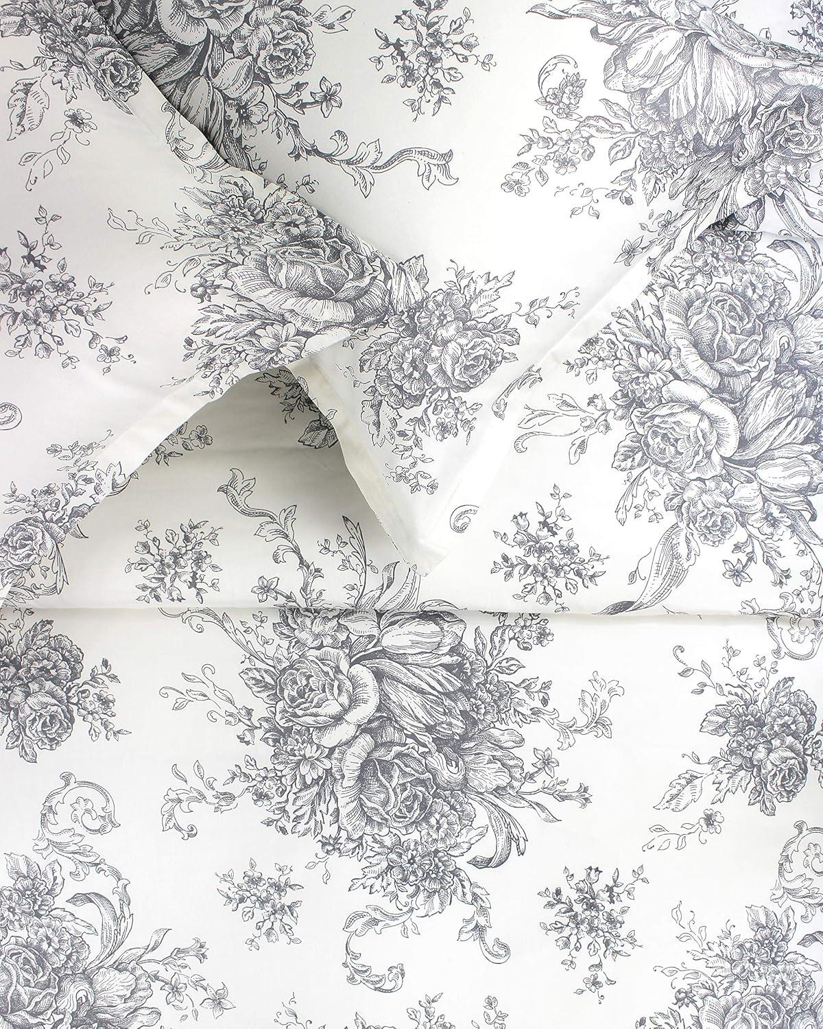Melange Home Printed Design Cotton Collection 400 Thread Count Light Blue Toile Duvet Set King - Cal King 3 Piece