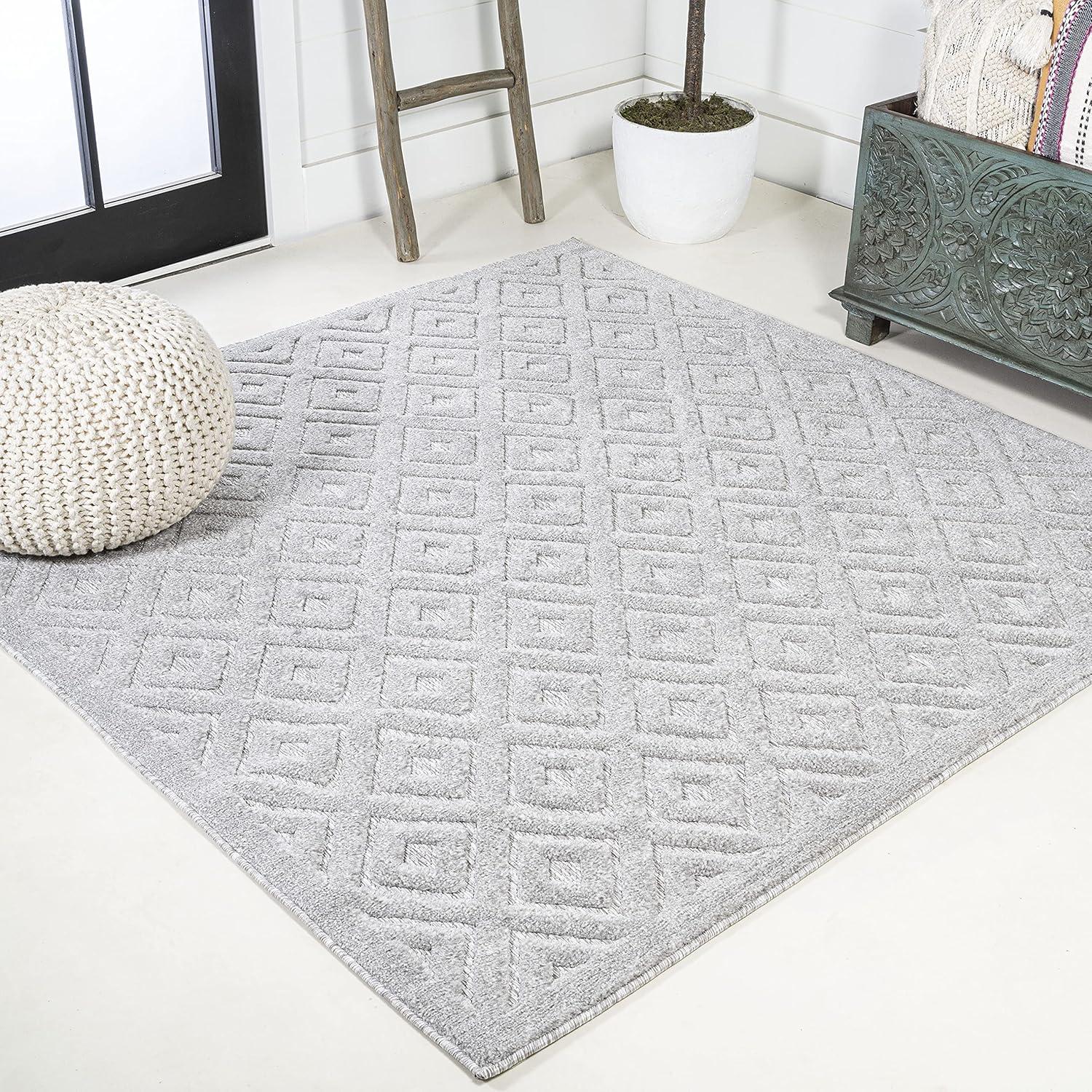 5' x 5' Portmany Neutral Diamond Trellis Indoor/Outdoor Area Rug, Light Gray - JONATHAN Y