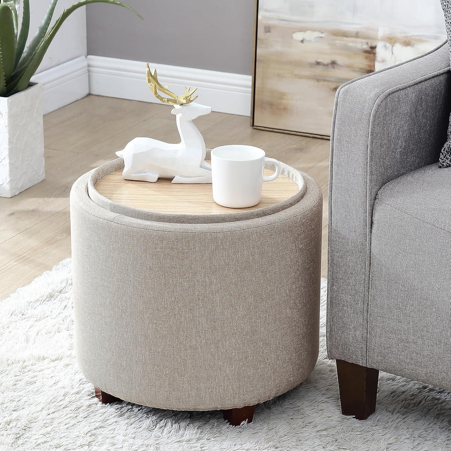 Ornavo Home Lawrence Round Storage Ottoman with Lift Off Lid and Tray Lid Coffee Table, Ottoman with Storage for Living Room, Bedroom and Office, Linen Beige