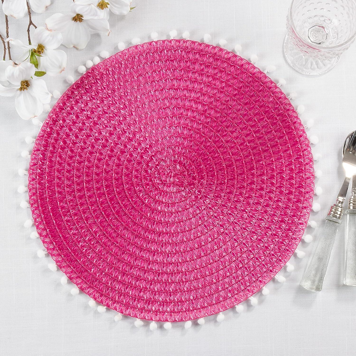 15 in. Pom Pom Round Placemat, Fuchsia - Set of 4