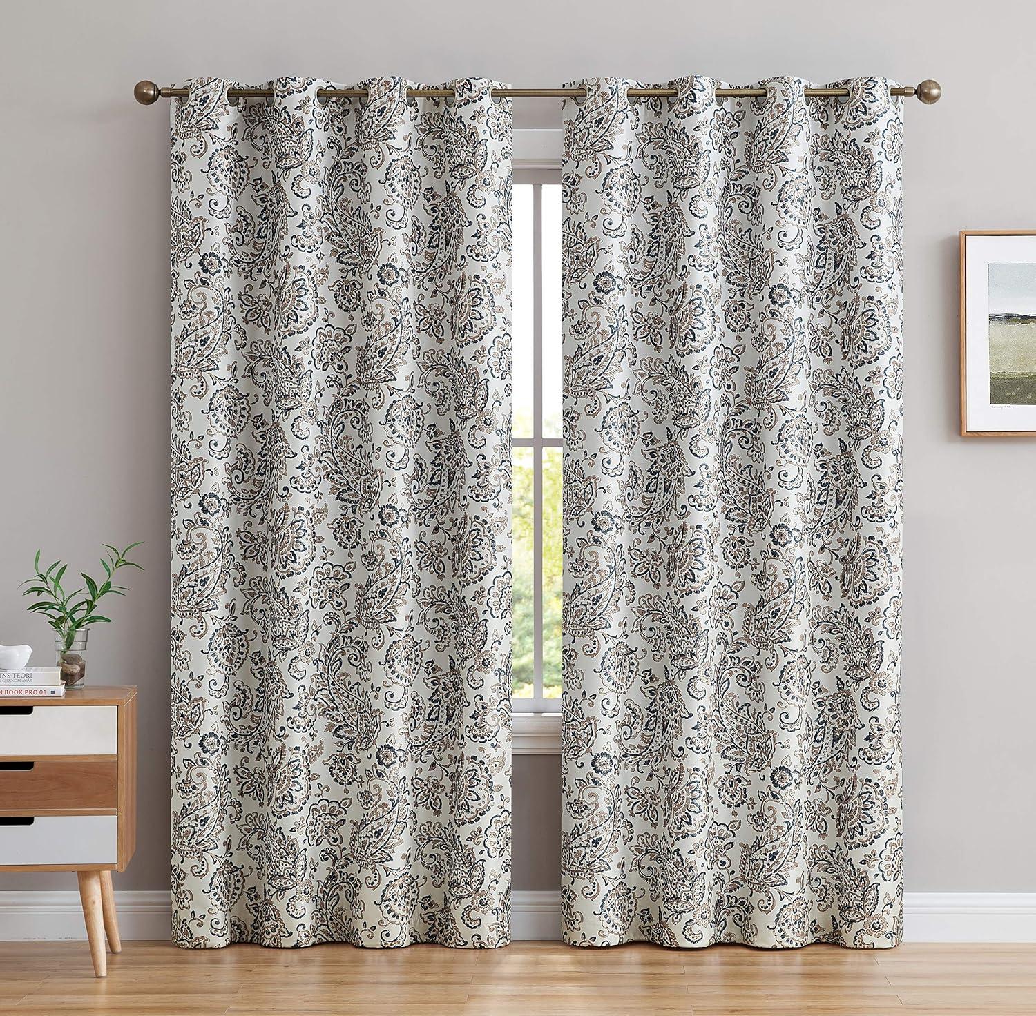 THD Paisley Faux Silk 100% Blackout Thermal Lined Energy Efficient Curtain Grommet Panels - Pair