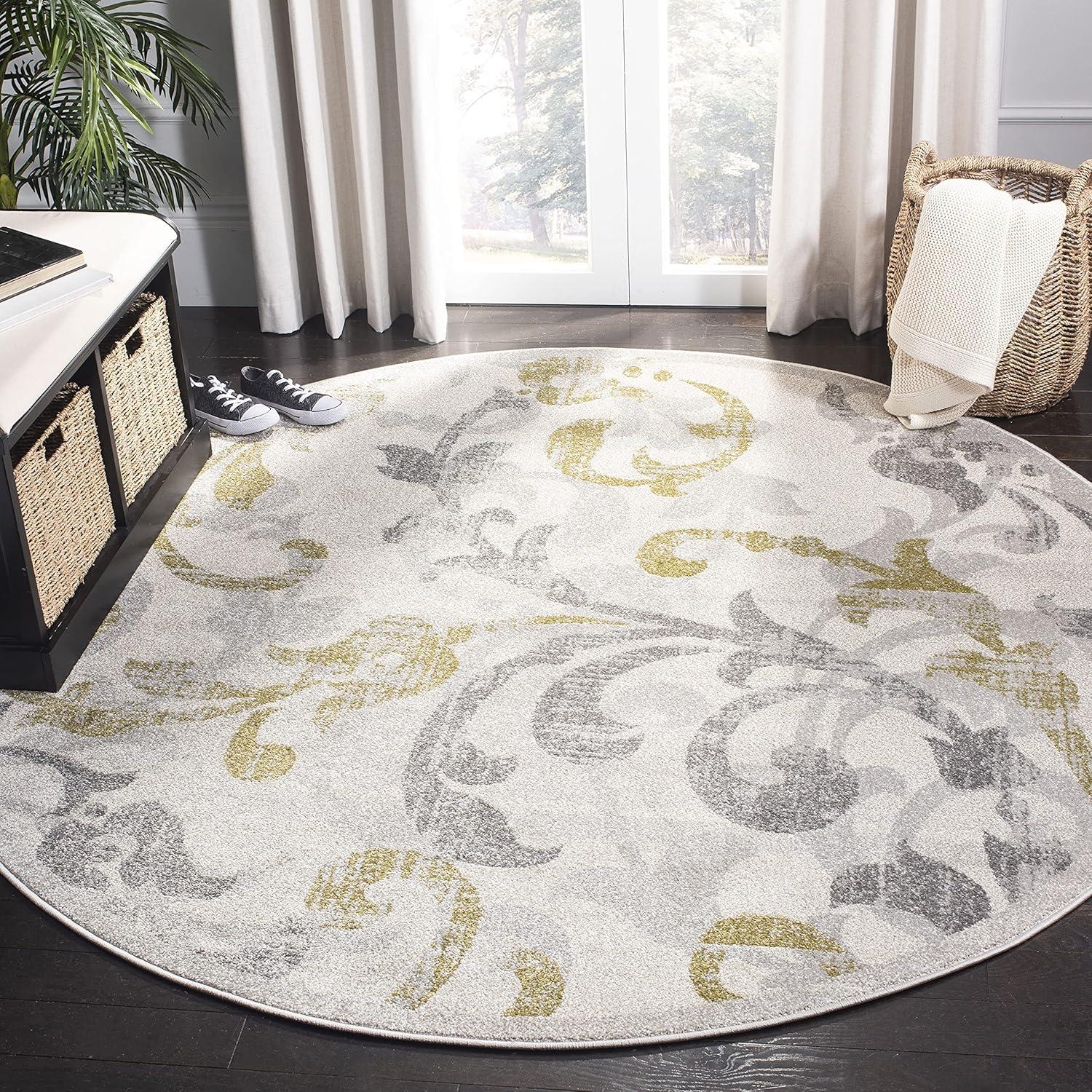 SAFAVIEH Amherst Collection Area Rug - 7' Round, Ivory & Light Grey, Floral Scroll Design, Non-Shedding & Easy Care, Ideal for High Traffic Areas in Living Room, Bedroom (AMT428E)