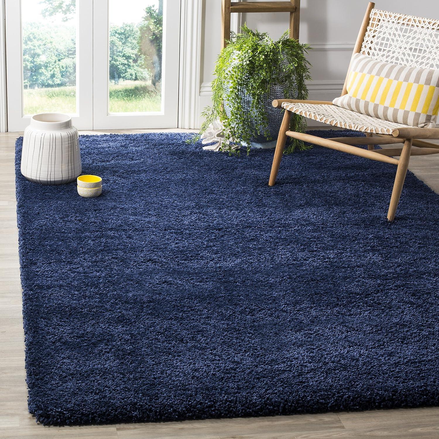 Navy Square Synthetic Shag Area Rug, 7' x 7'