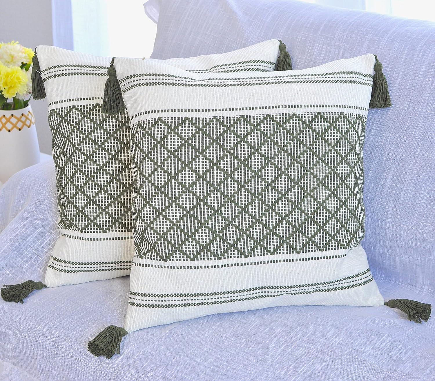 Woven Pillow Covers With Tassels, Geometric Pattern Pillowcases For Outdoor / Indoor (Set of 2)