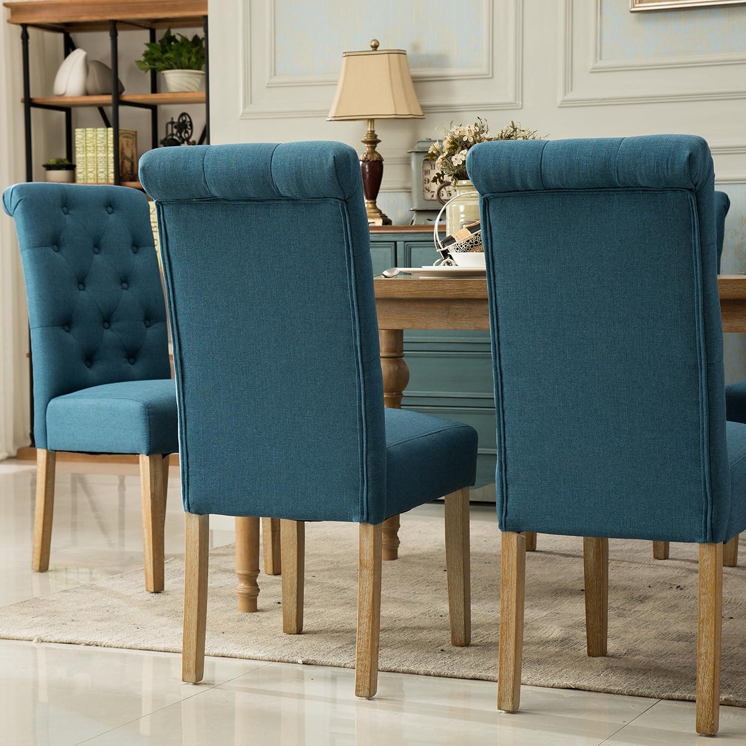 Blue Linen Tufted Parsons Dining Side Chair Set with Wood Legs