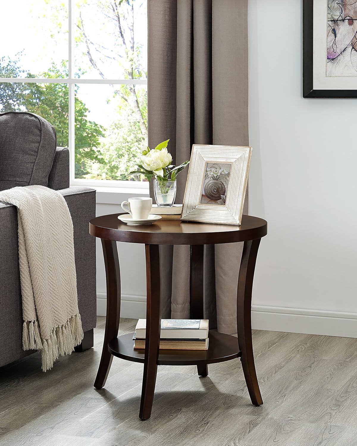 Contemporary Birch Wood Round End Table with Storage Shelf