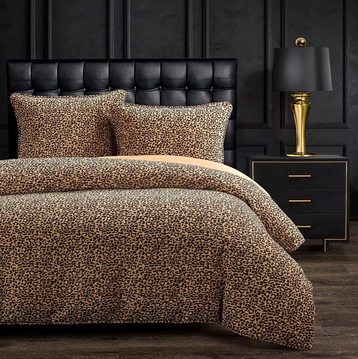 HiEnd Accents Adrienne Gold Black Leopard Print Chenille Fabric Classic Modern Rustic Duvet Cover Set