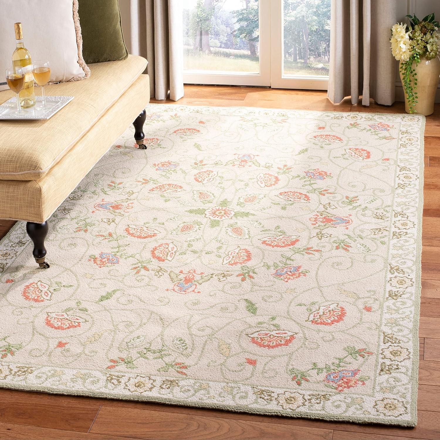 Beige and Green Hand-Hooked Wool Floral Area Rug