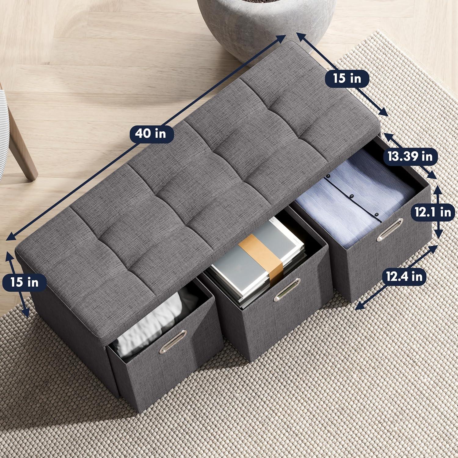 Ornavo Home Collapsible Large Storage Bench Ottoman with Drawers - 40" Inch - Charcoal Gray