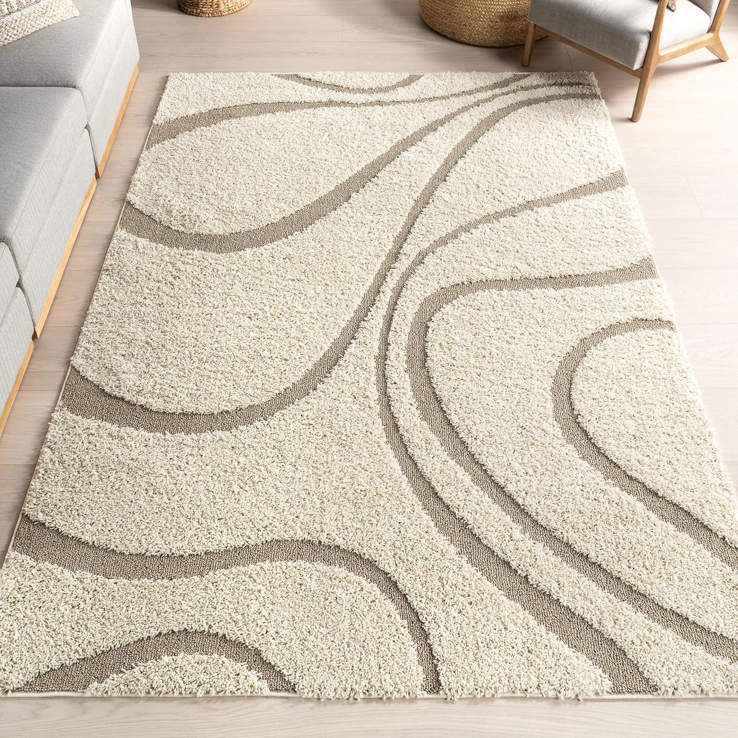 Cream and Beige Synthetic Shag Area Rug, 9' 2" x 12'