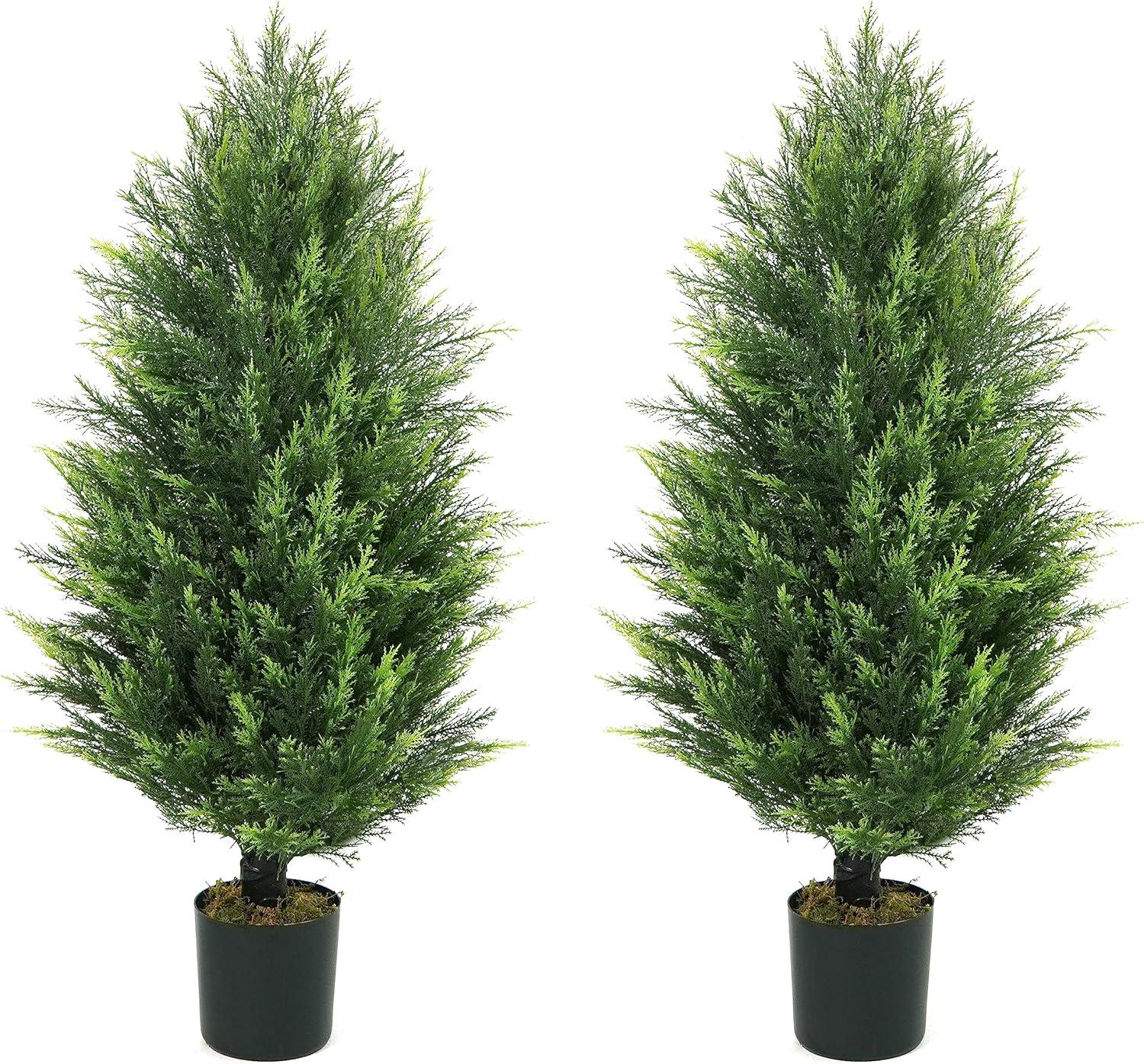 CAPHAUS 3 FT Artificial Cedar Tree Set of 2, 36 Inch Fake Boxwood Topiary w/Dried Moss, Natural Faux Plants for Outside Planter, UV Resistant, Artificial Tree Indoor, Outdoor Patio Décor