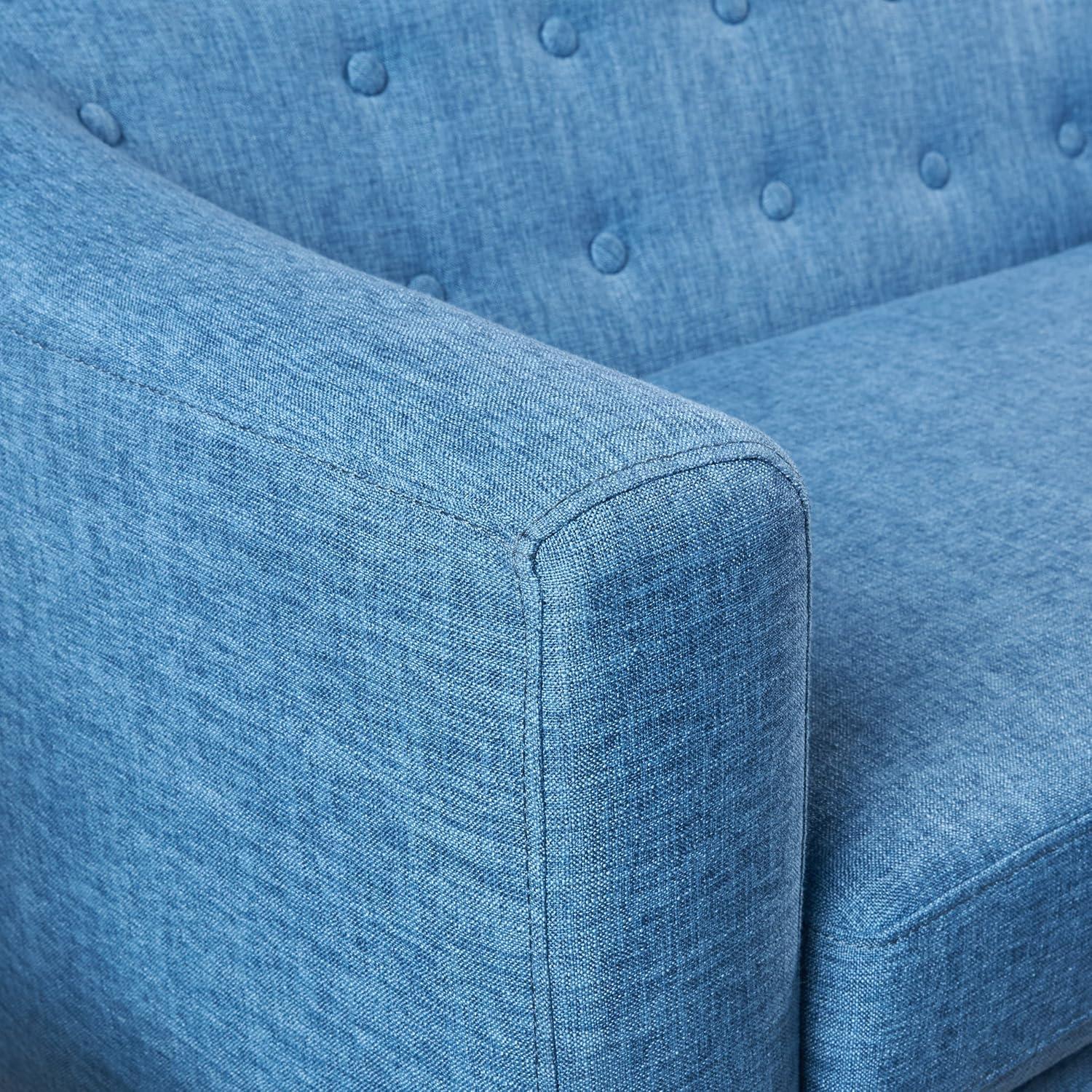 Muted Blue Tufted Fabric Loveseat with Rubberwood Legs