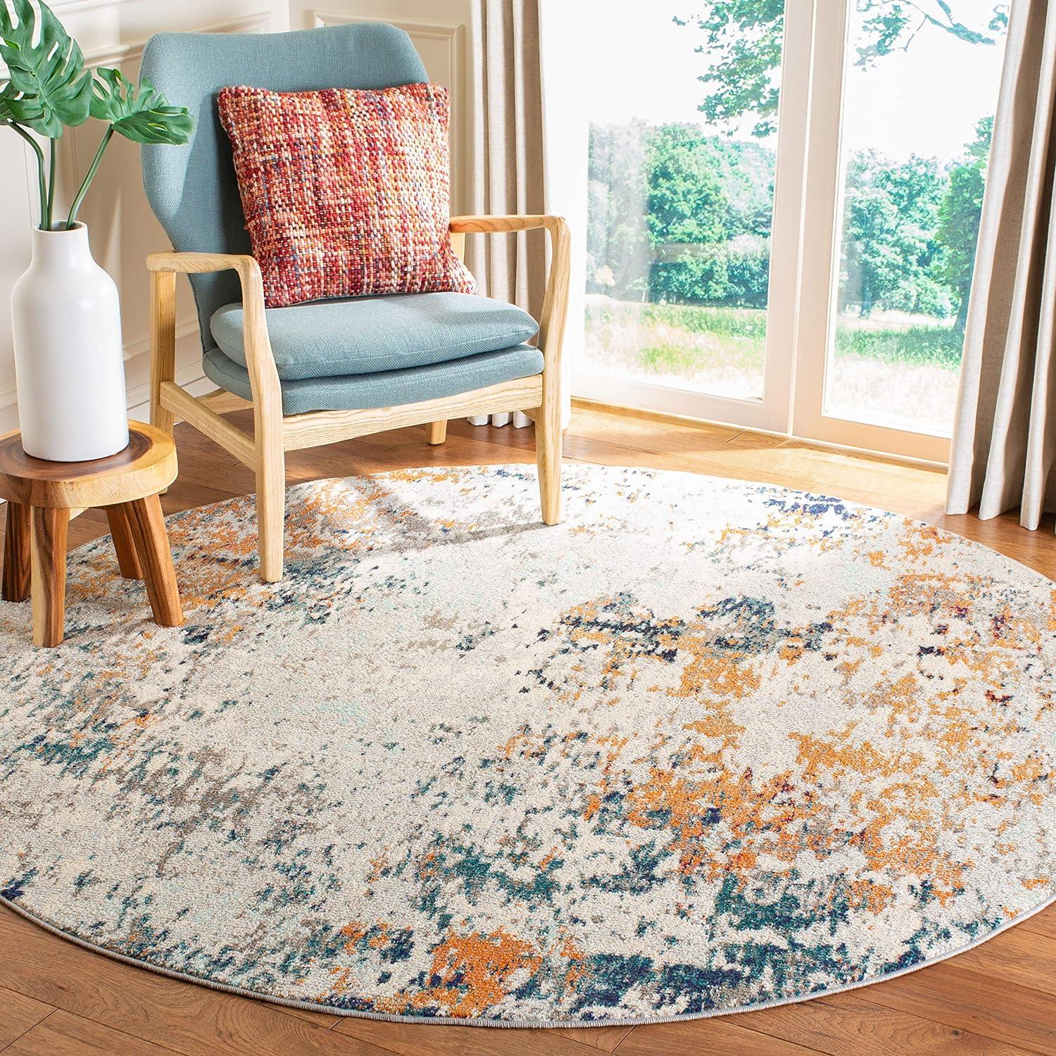 Gray and Beige Round Abstract Synthetic Area Rug, 4' x 4'