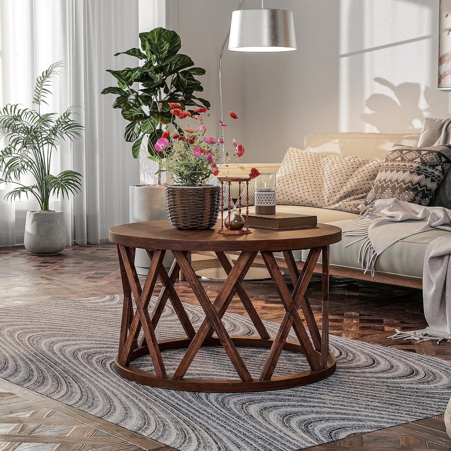 COZAYH Farmhouse Coffee Table, Rustic Round Coffee Table with X-Motifs Legs, Wood Textured Top, for Boho, French Country Decor, Brown