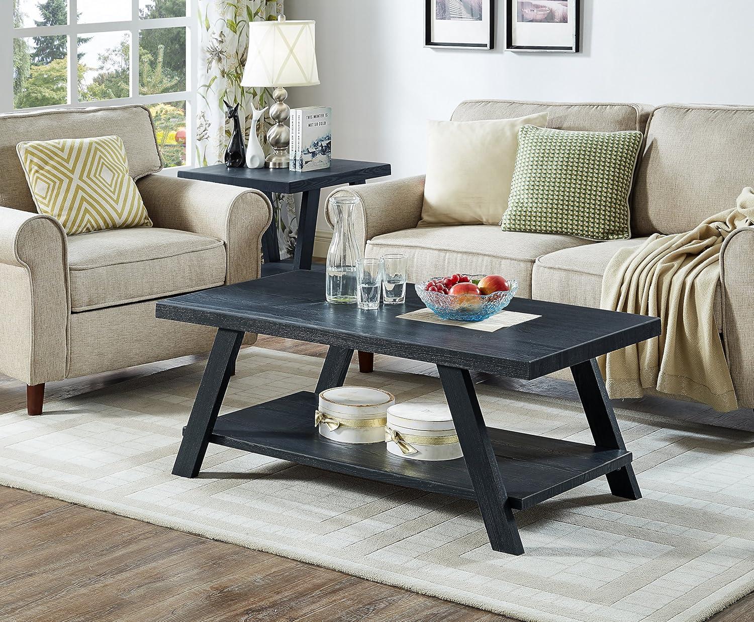 Athens 24"x48" Contemporary Wood Shelf Coffee Table Set, Black