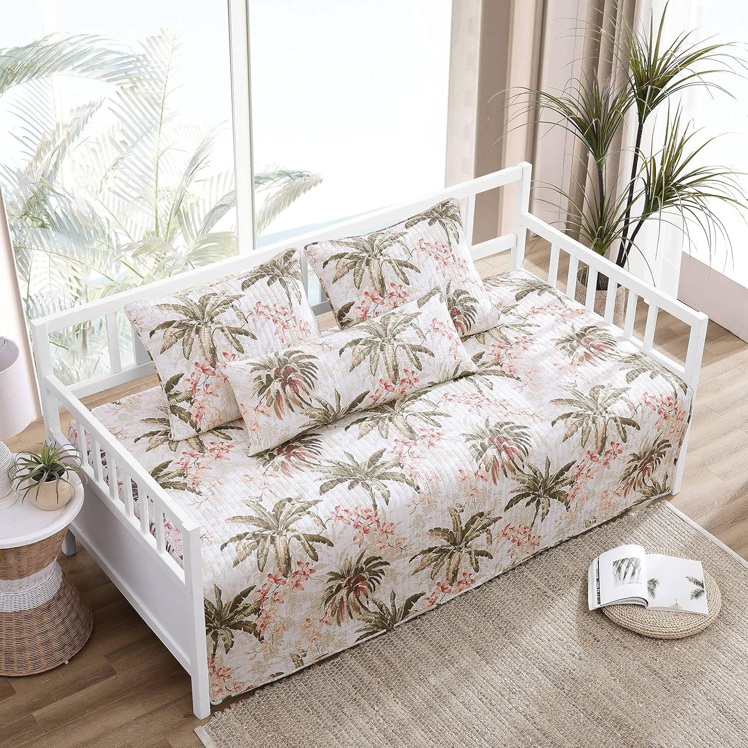 White Cotton Twin Quilt Set with Tropical Print