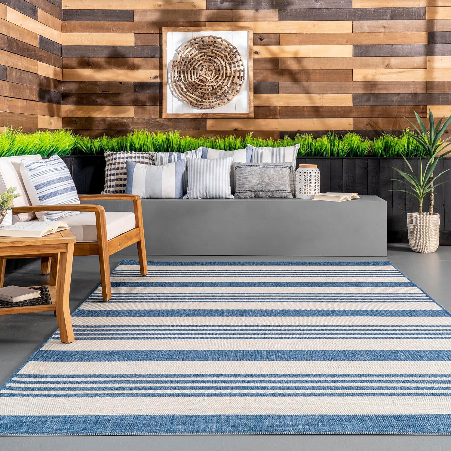 Nuloom Robin Striped 10x13 Indoor/Outdoor Area Rug for Living Room Patio Deck Front Porch Kitchen, Blue/Ivory