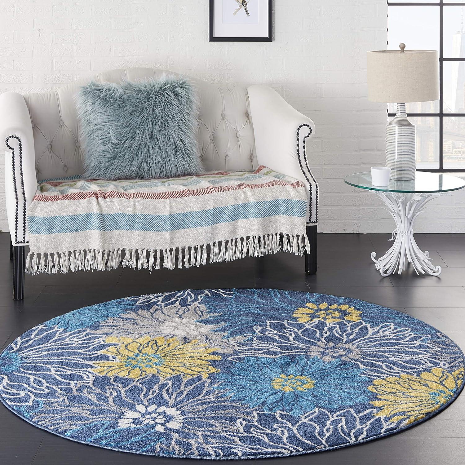 Blue and Yellow Floral Round Synthetic Area Rug, 5'3"