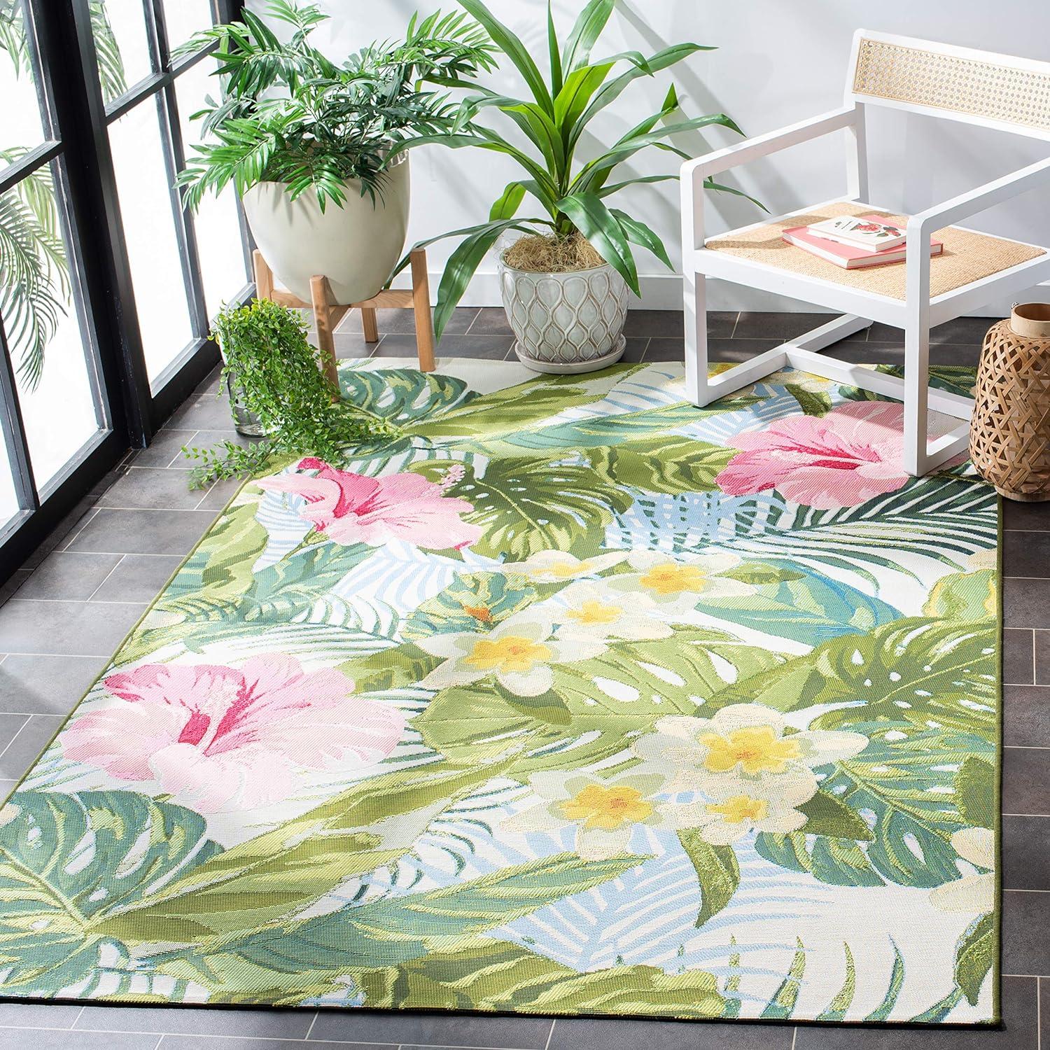 Tropical Paradise Green & Pink Synthetic Area Rug - 6'6" x 9'4"