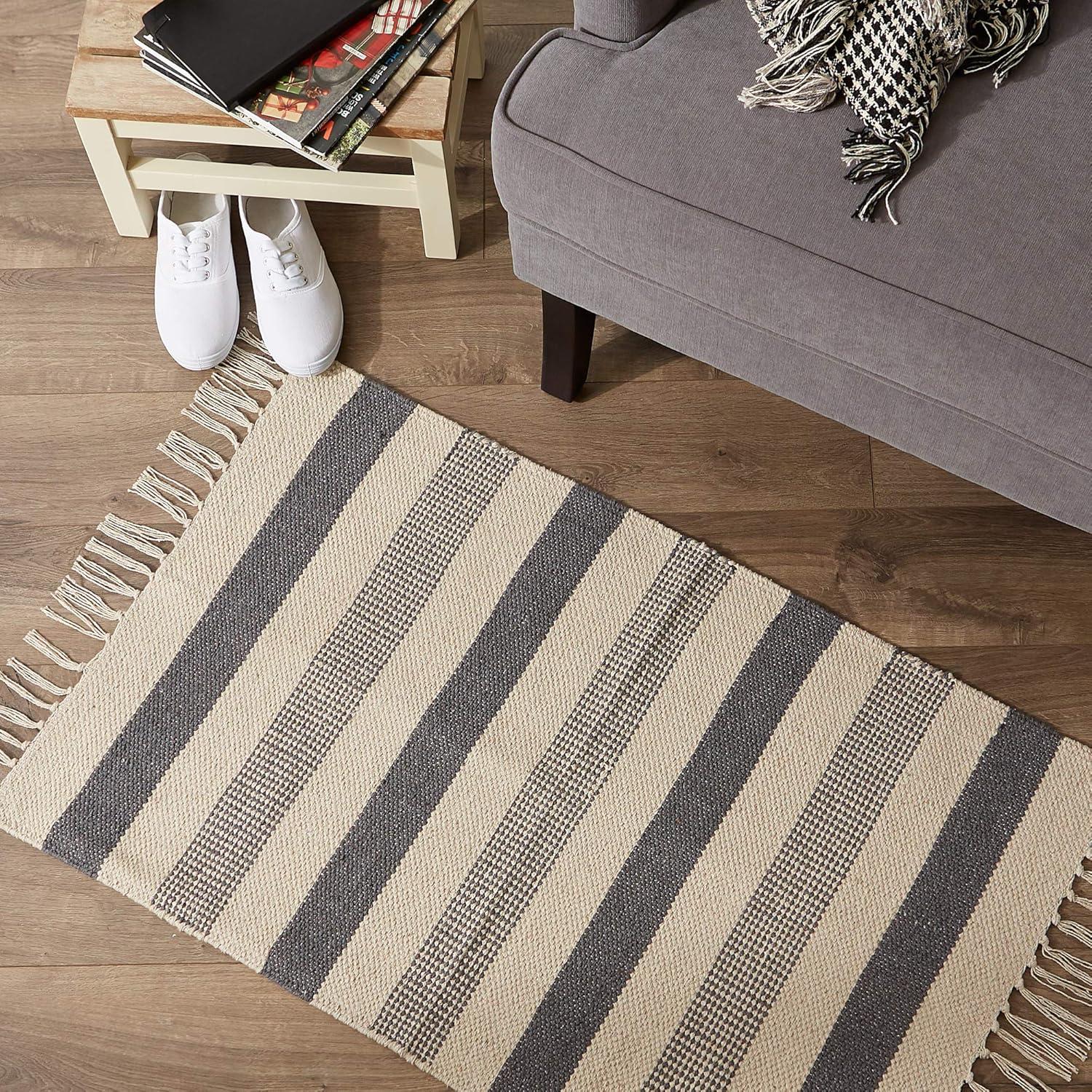 Design Imports Textured Stripe - Gray & Natural With 3 In Fringe - 2 X 3 Ft