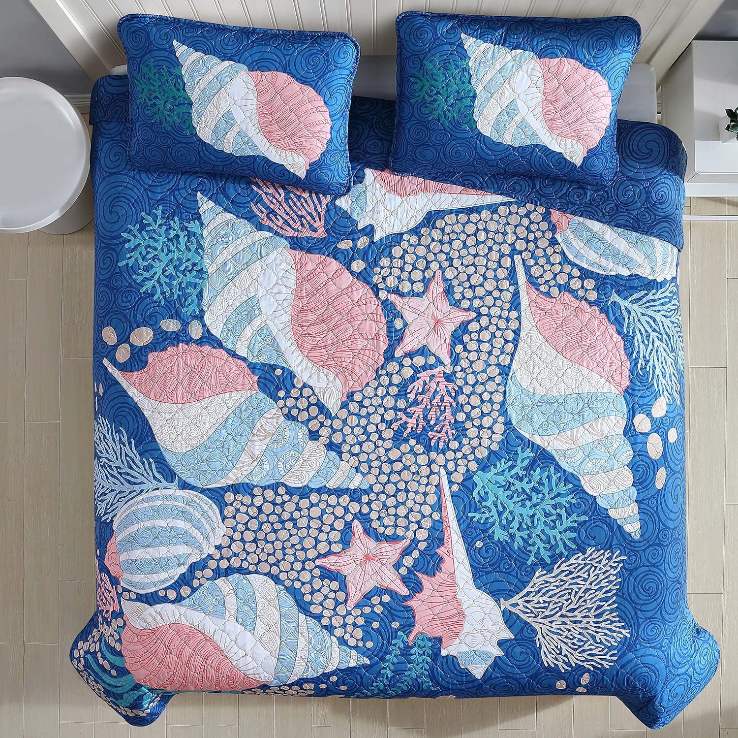 Caribbean Joe  Coastal 3PC Quilt Set Patterned Shell Navy - Full - Queen