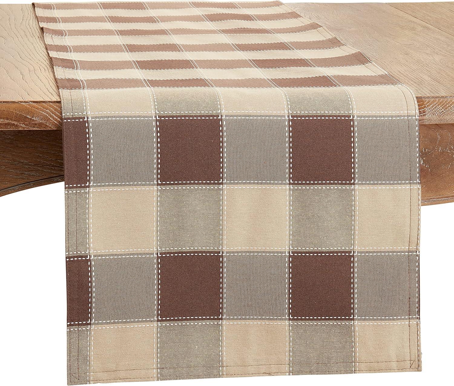 Saro Lifestyle Stitched Plaid Design Cotton And Poly Blend Table Runner